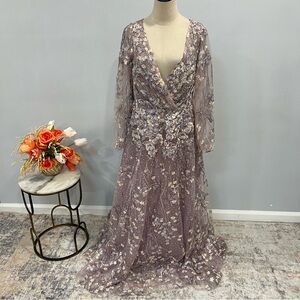 MAC Duggal Embroidered & Embellished Long Sleeves V Neck Gown - Reemoly